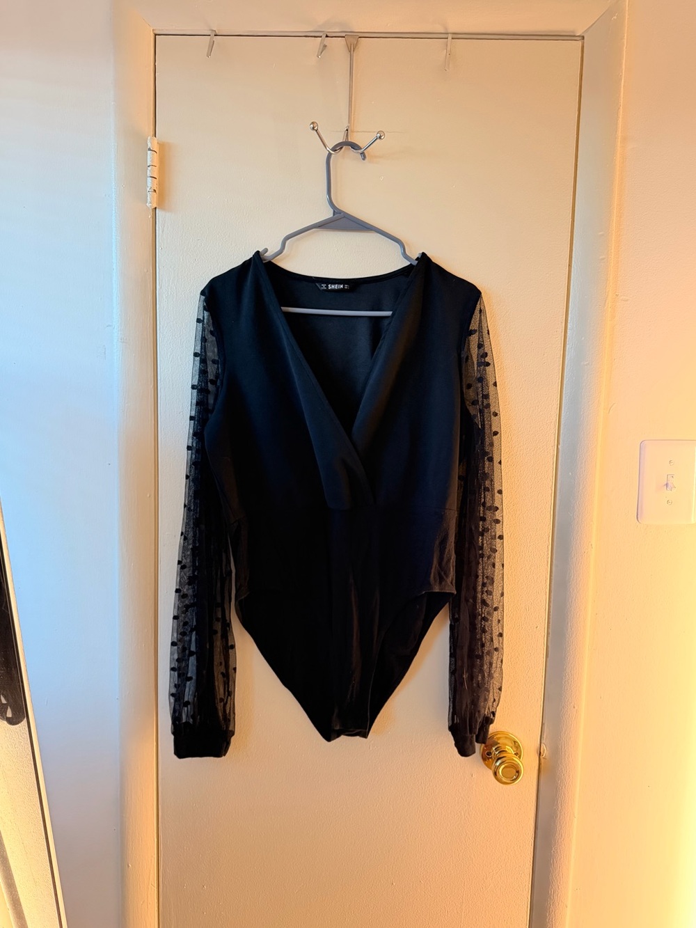 SHEIN Black Polka Dot Sheer Mesh Sleeve V Neck Bodysuit Large